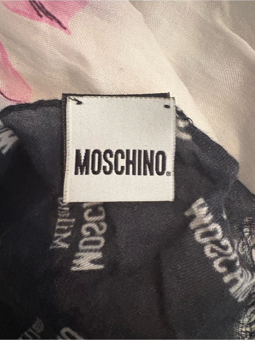 Moschino White Scarf with Black Logo and Pink Floral Accents - Picture 3 of 4